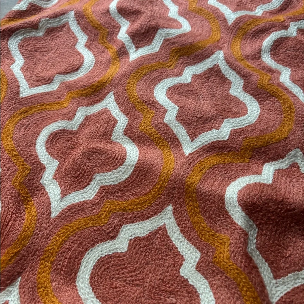 Wisteria Crewel Wool Orange Pink Geometric Pillow Cover Sham 20x20 Square